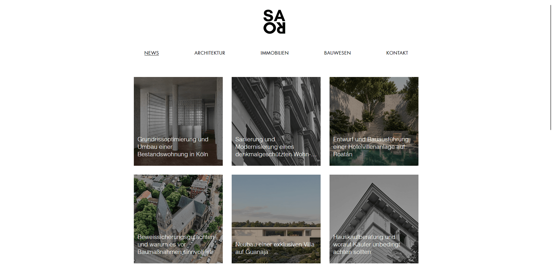 News-Übersicht von saro-studio.com mit Architektur- und Immobilienprojekten