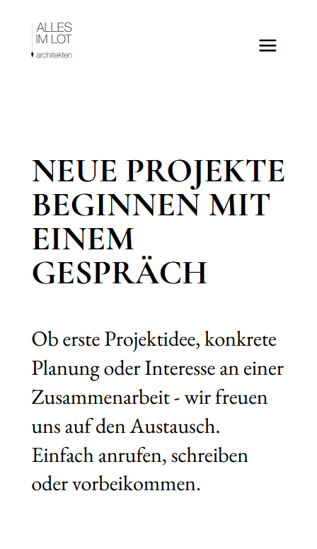 Mobile Ansicht von allesimlot-architekten.de mit Kontakt-Aufruf