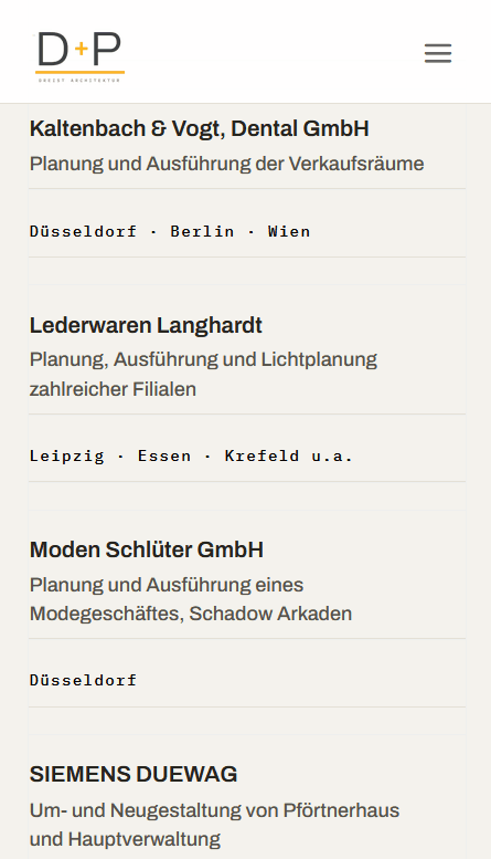 Mobile Ansicht von dreist-architektur.de mit der Referenzenliste