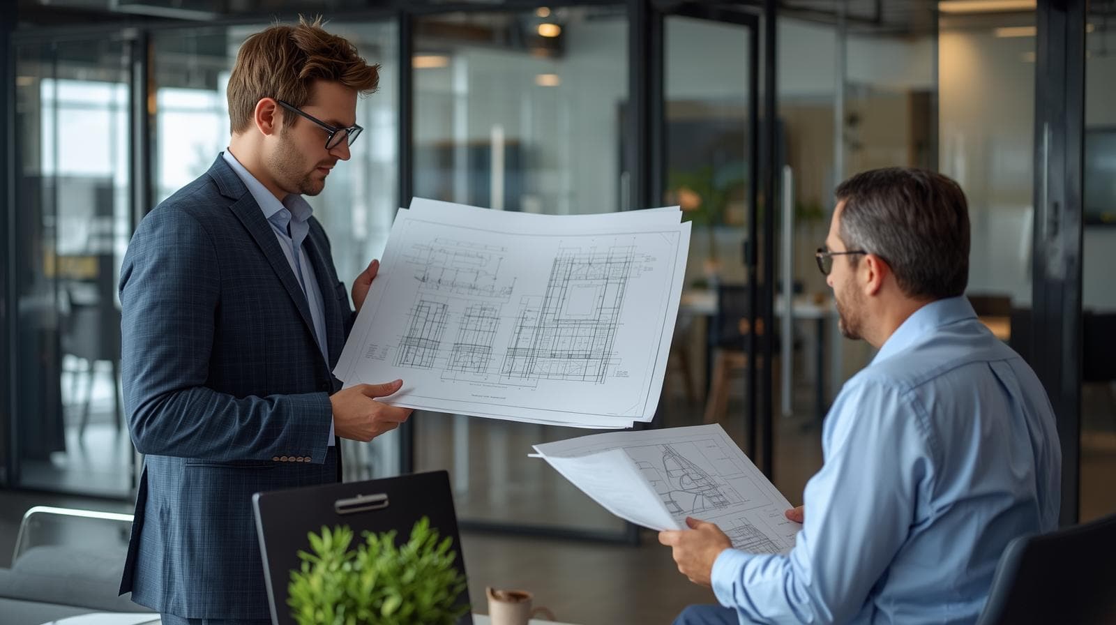 Zwei Architekten stehen sich in einem Planungsbüros gegenüber und zeigen sich Baupläne oder Konzepte mit Gebäudezeichnungen