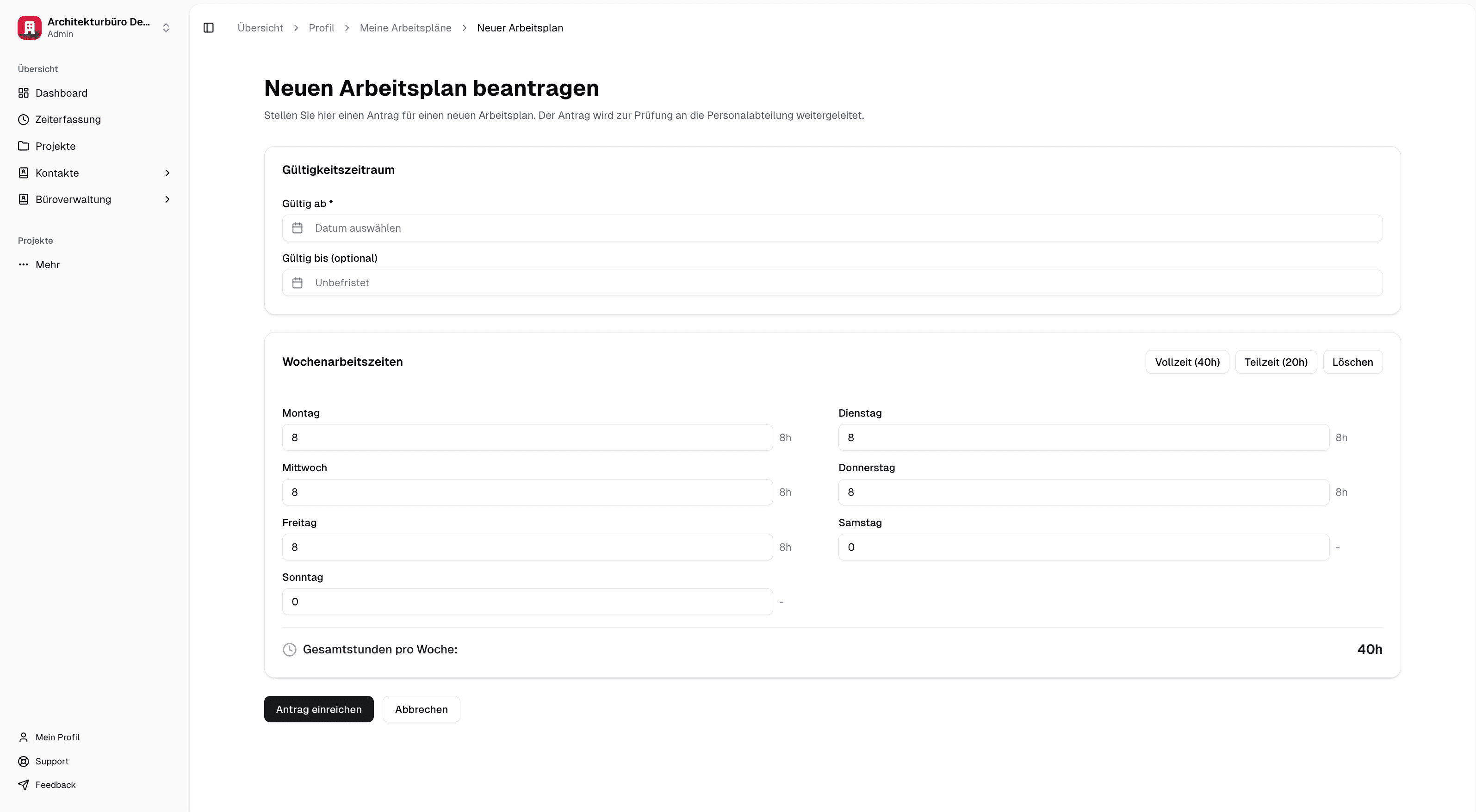 TimeEngineer Dashboard auf dem ein Formuar zu sehen ist mit dem sich ein neuer Arbeitsplan beantragen lässt