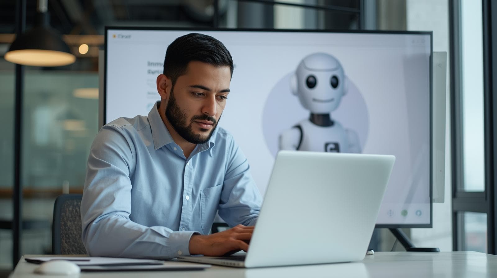 Architekt arbeitet am Laptop mit Chatbot-Fenster im Hintergrund und KI-Bot schaut über die Schulter