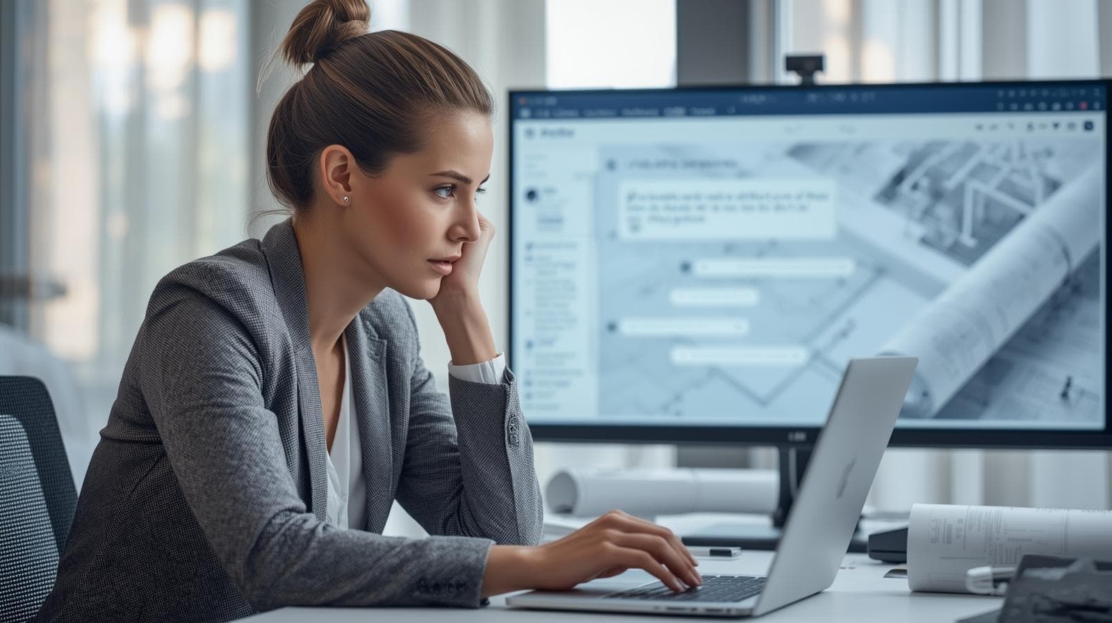 Bewerberin aus einem Planungsbüro sitzt vor dem Laptop und sucht nach einer neuen Stelle
