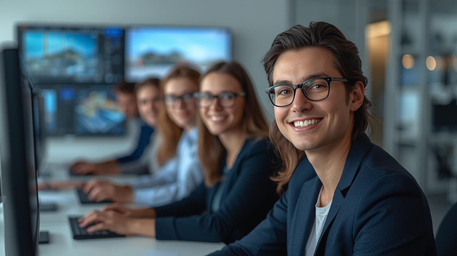 Mehrere junge Architekten und Ingenieure schauen und lächeln dem Bildbetrachter entgegen und sind glücklich bei der Arbeit in ihrem digitalen Planungsbüro