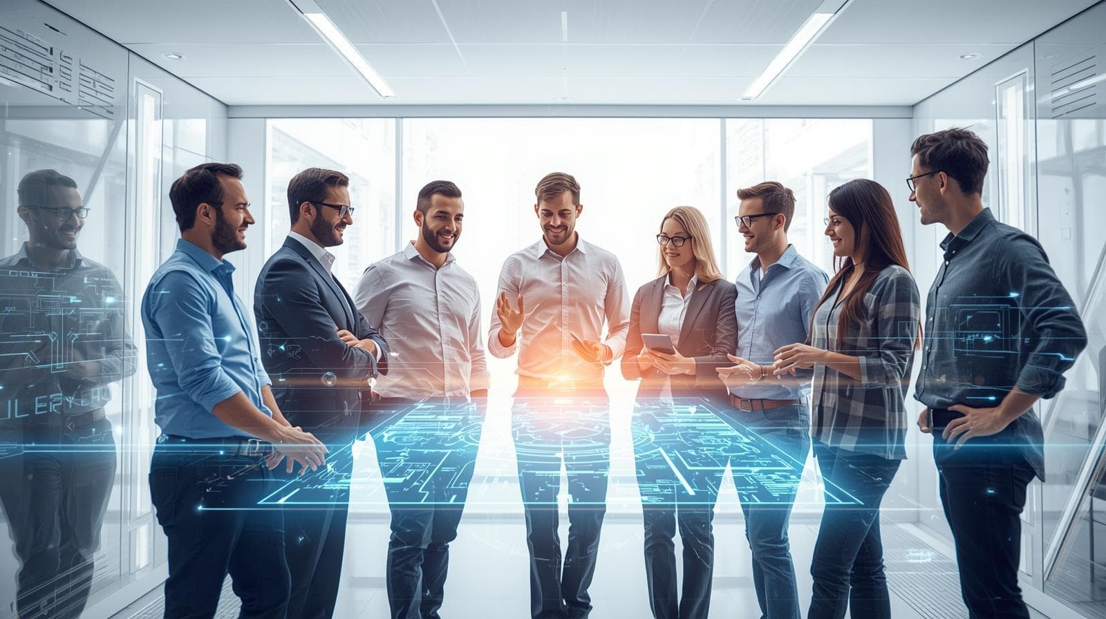 Architekten-Team bei der Projektplanung am Zeichentisch; moderne Software für HOAI-konforme Zeiterfassung.