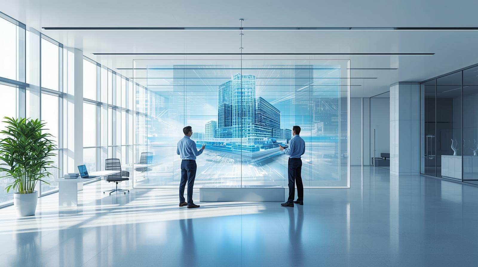 Futuristisches Bild mit 2 Personen die vor einem digitalen Gebäude stehen